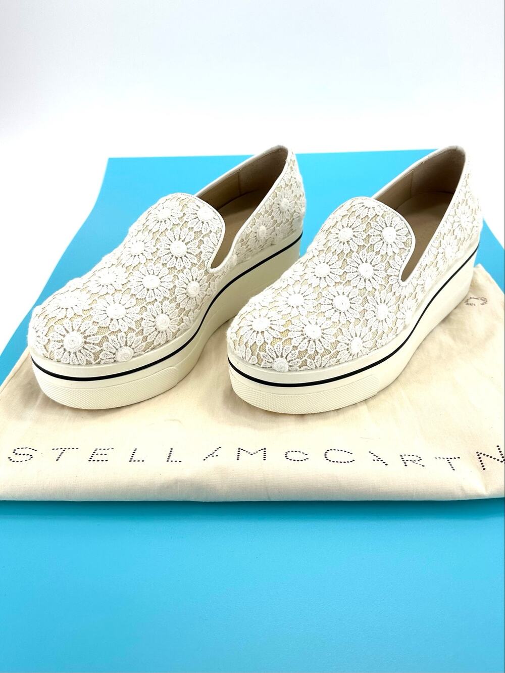 Stella McCartney Binx Platform Loafer Size 5/35 Tan/White Daisies Slip-On New